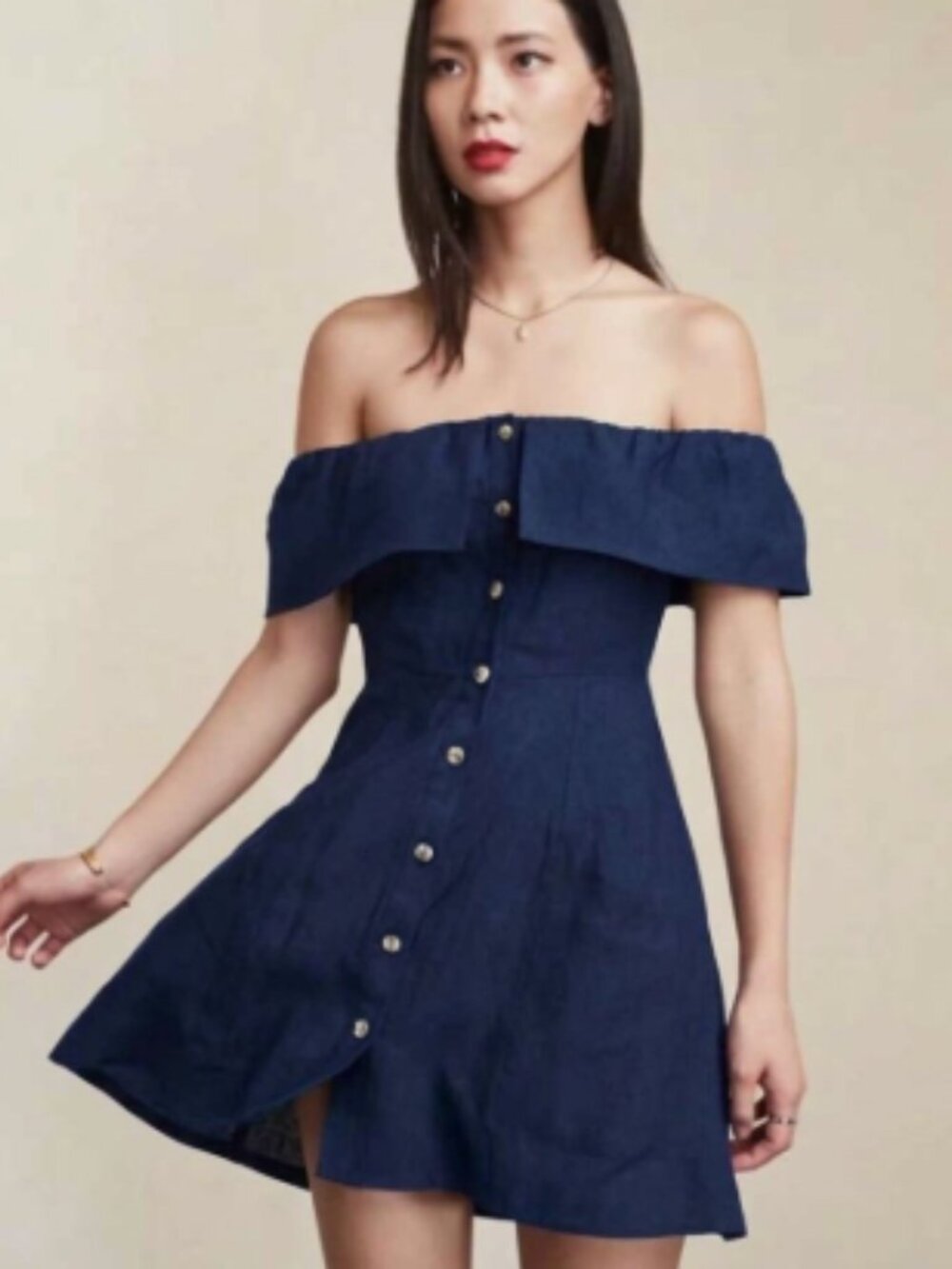 ✨ Reformation "Botanica" Navy Linen Off-Shoulder Mini Dress Size 6 ✨